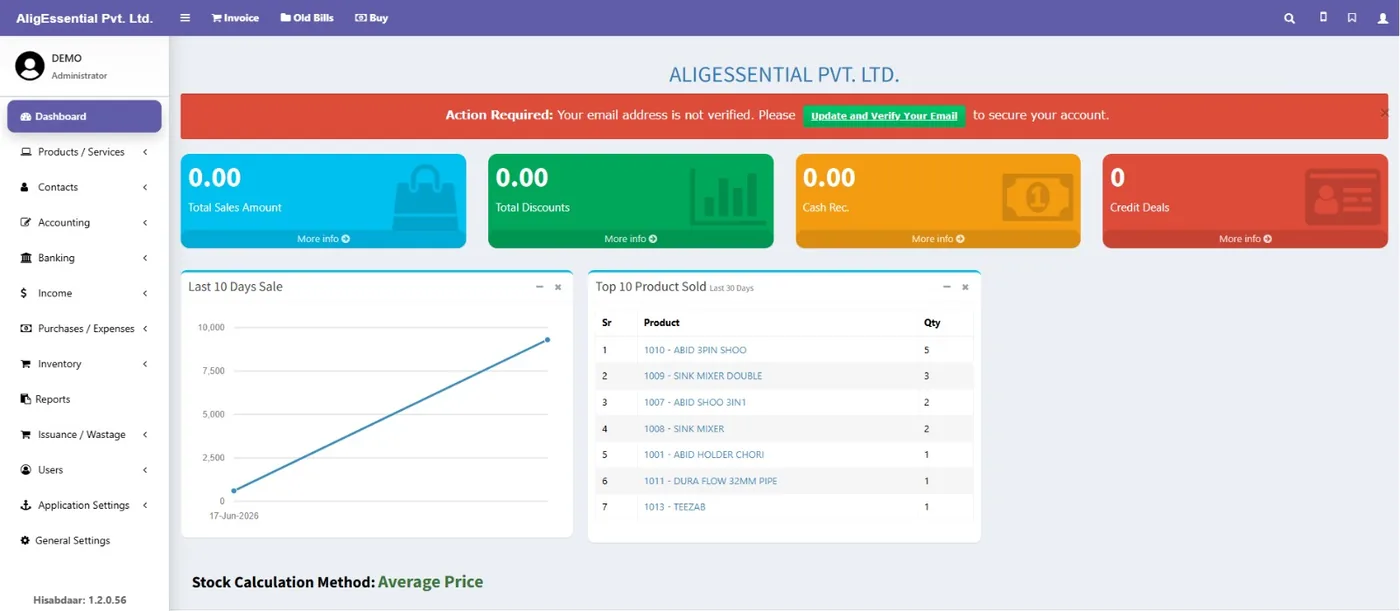 Hisabdaar software dashboard showing sales, discounts, cash receivables and top-selling products