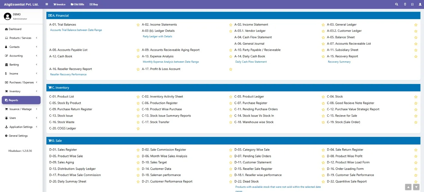 Hisabdaar reports menu covering financial, inventory and sales reports