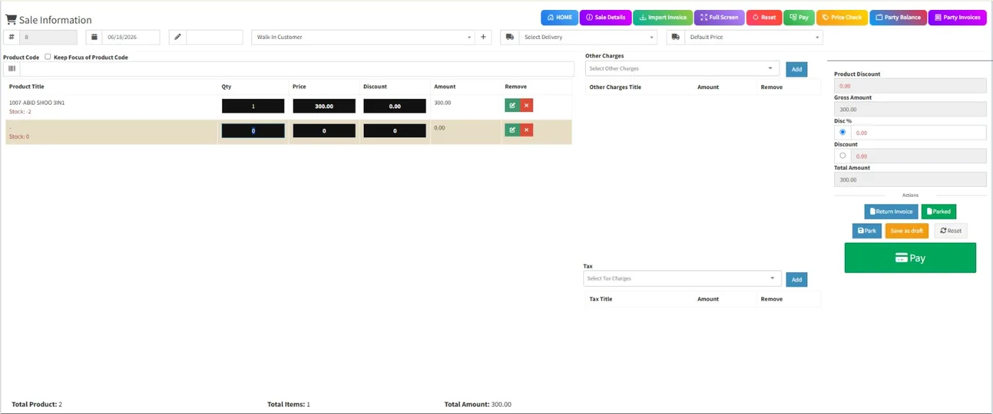 Hisabdaar sales invoice screen with product selection, discount and tax fields