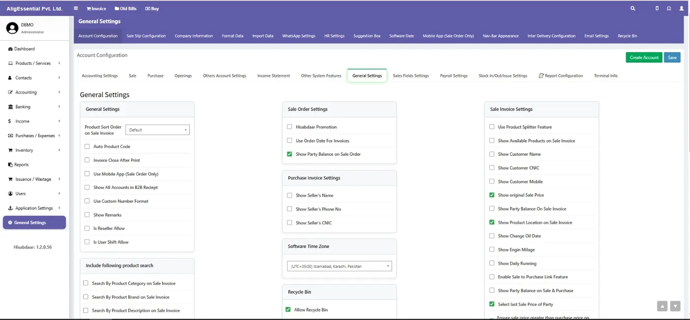 Hisabdaar general settings and configuration screen