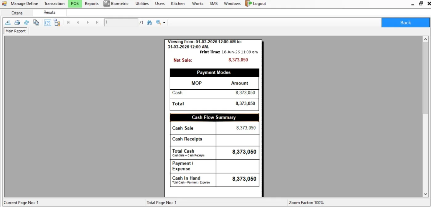 Restaurant Essential cash flow summary and net sale report