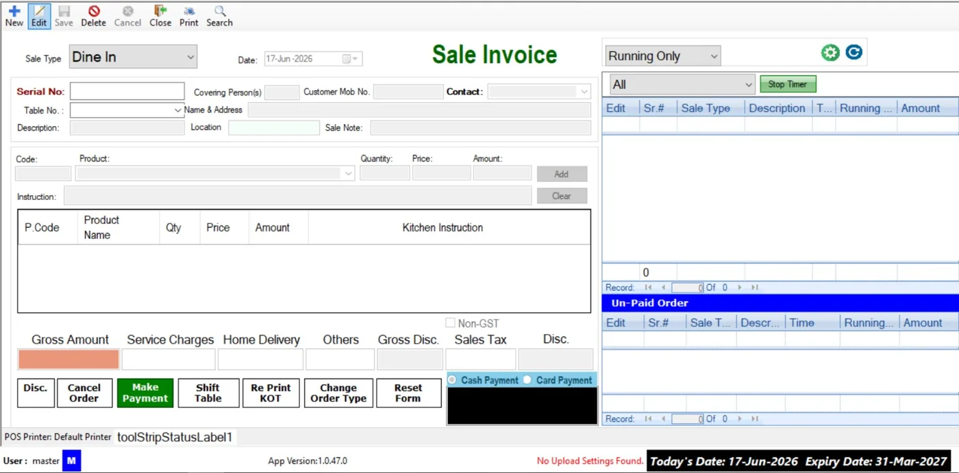 Restaurant Essential sale invoice and KOT screen with running orders panel