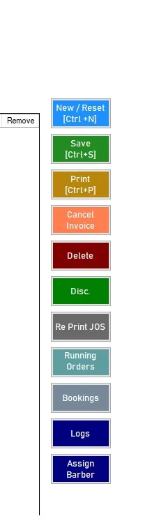 Salon Management Software quick action buttons for save, print, discount and barber assignment