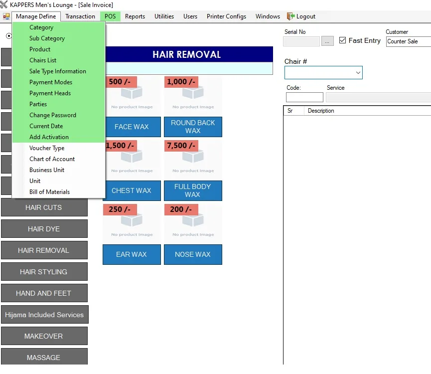 Salon Management Software configuration menu for categories, chairs, payment modes and parties