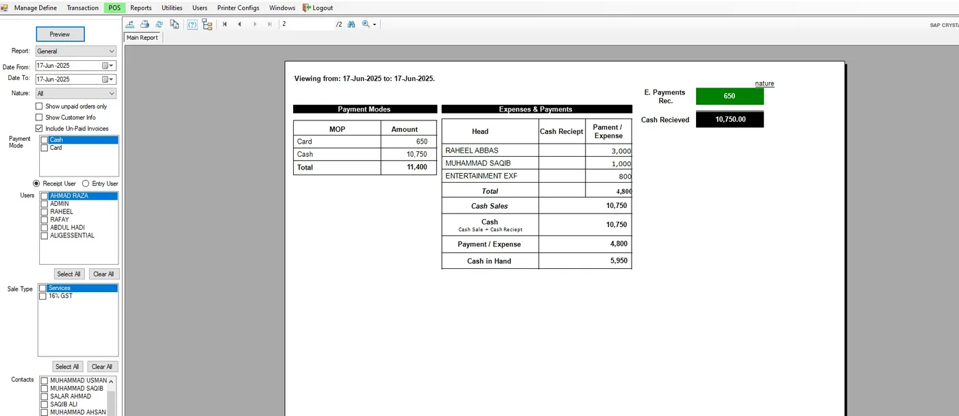 Salon Management Software general cash and expense summary report