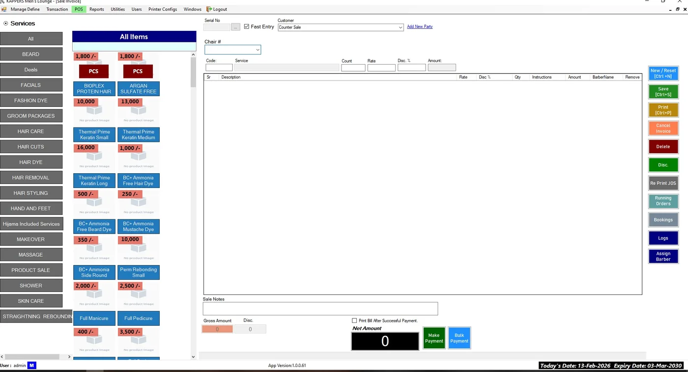 Salon Management Software POS screen with service categories, chair number and billing