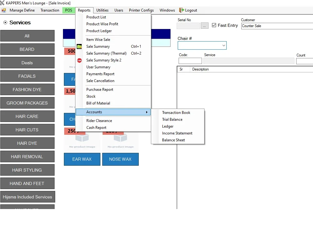 Salon Management Software reports menu showing sales, product, ledger and accounts reports