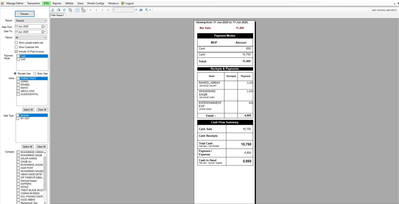 Salon Management Software sales and cash flow report by staff and payment mode