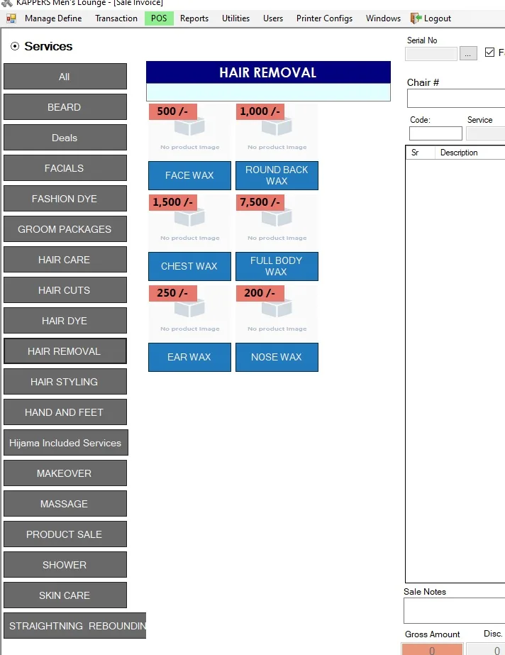 Salon Management Software hair removal services menu with individual service pricing