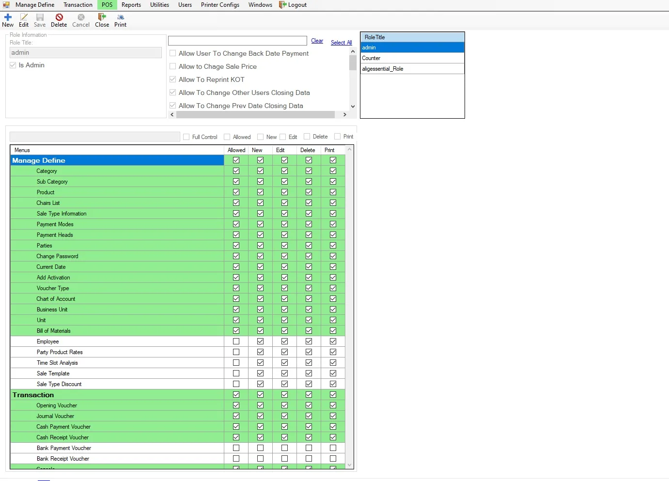 Salon Management Software user roles and permissions configuration screen